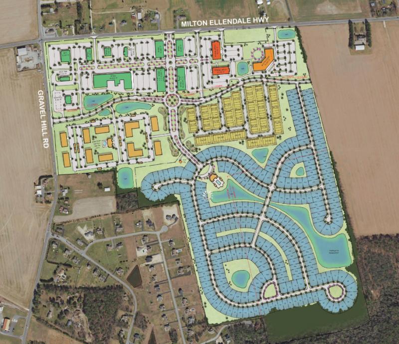The preliminary site plan shows the 696 residential units and the commercial/office area on the entire 138-acre parcel at the intersection of Route 16 and Gravel Hill Road west of Milton. A preliminary plan has been approved for 296 apartments in the middle of the parcel (tan colored). BECKER MORGAN GROUP GRAPHIC